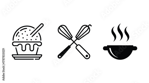 Delicious dessert, baking whisks, and hot steaming pot icons set. simple linear cooking and kitchen elements design illustration.