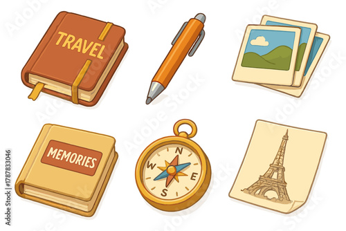 Travel and memories - journey notebook, compass, pen, photos, eiffel tower sketch