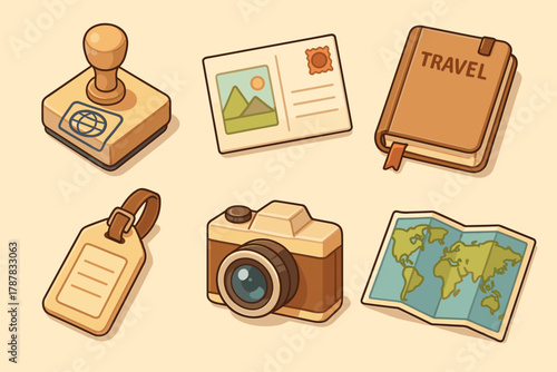 Travel essentials illustration: passport stamp, postcard, journal, luggage tag, camera, map