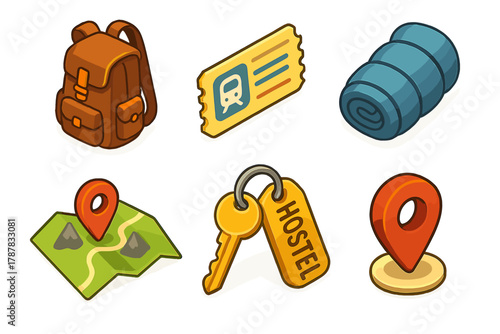 Travel icons: backpack, map pin, hostel key, id pass, sleeping bag