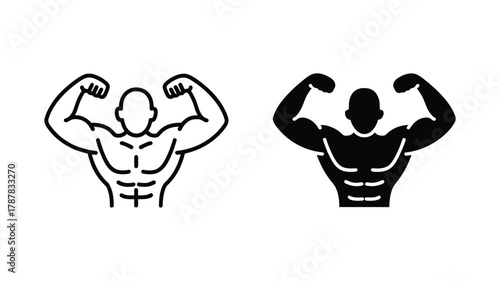 Muscular man flexing biceps icon set, showcasing outline and solid silhouette vector illustrations, perfect for fitness, strength, and health themes.
