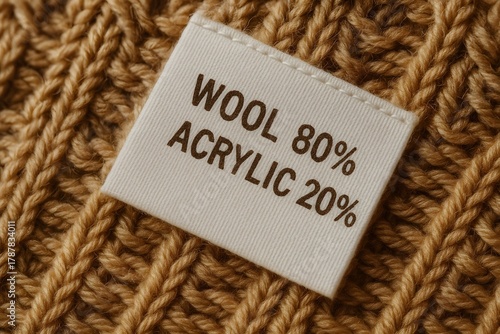 Handcrafted Knitwear Garment with Wool and Acrylic Blend Fabric Textile Label Detailing Composition and Care Instructions for Winterwear Apparel
