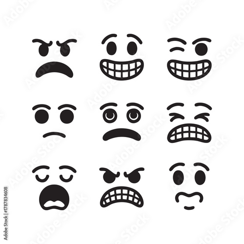 Nine Black And White Emoji Faces Expressing Different Emotions emoticon expression