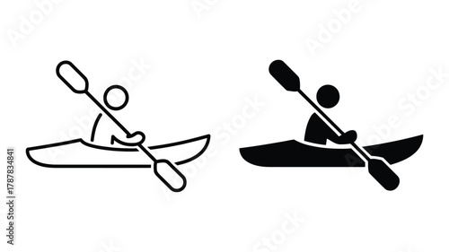 Kayaking icon set featuring an outline and a solid black silhouette of a person paddling a kayak, perfect for sports, recreation, and outdoor activity designs.