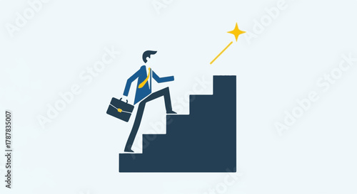 Ambitious businessman climbing stairs towards a shining star representing success and career growth.