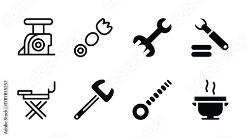 Various essential black line vector icons including a meat grinder, multiple wrenches, a cooking pot, skewer, thermometer, and a folding stool design.