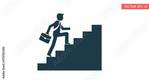 Silhouette of determined businessman climbing stairs with briefcase, symbolizing career growth and ambition.