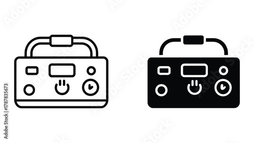 Portable power station icon set with outline and filled versions, depicting a battery generator for outdoor and emergency use, isolated on a white background.