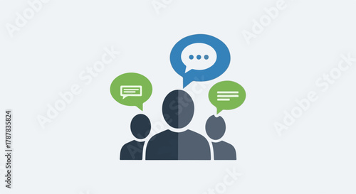 Diverse group communicating ideas with speech bubbles, symbolizing collaboration and discussion.