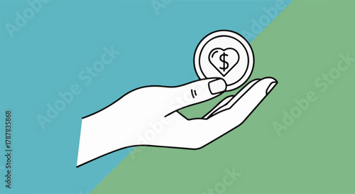 Generous hand offering a coin with a heart symbol, representing donation and kindness.