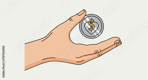 Hand holding a coin with a heart and dollar sign, symbolizing charity and investment