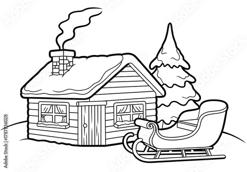 black and white winter cabin with sleigh clip art preview