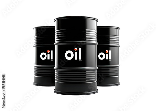 Oil Barrels: Three sleek black oil barrels stand in a row, a symbol of energy, industry, and the global economy.
