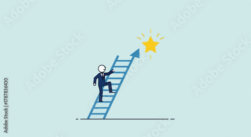 Motivated businessman climbing ladder towards bright star representing success and ambition.