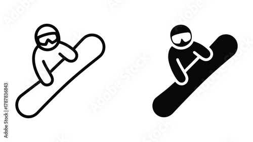 Stylized snowboarder icon set depicting a person on a board, featuring outline and solid filled silhouette designs for winter sports and recreation graphics.