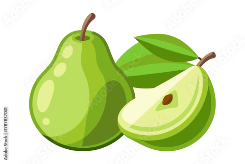 Fresh ripe green pears with leaves and a cut pear showing seeds on a white background