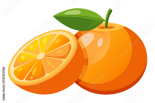Vibrant illustration of a whole orange with a green leaf and a juicy orange slice