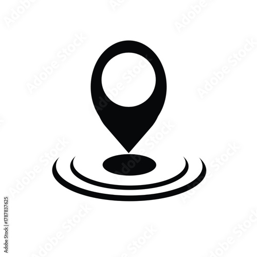 A black location pin with concentric circles on a white background indicating location or gps signal