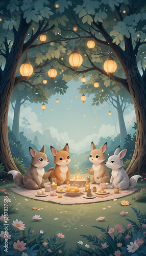 Whimsical Forest Picnic: Cute Foxes and Rabbits Under Lantern Lights
