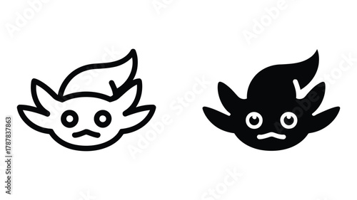 Cartoon fantasy creature head icon illustration with pointy ears and a flame-like tuft, presented in both outline and solid fill vector styles for design.