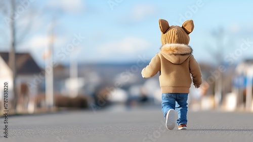 Fototapeta Naklejka Na Ścianę i Meble -  A quadrober toddler, wearing a hooded jacket and animal-eared hat, walks away from the camera on a residential street