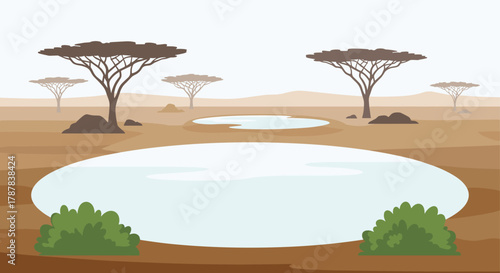 African savanna landscape with acacia trees, waterholes, and distant hills, vector illustration for nature ecosystem and wildlife habitat concept