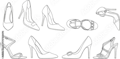 Black and white line art of eight high-heeled shoe styles, vector illustration for fashion design, product catalog, and editorial content