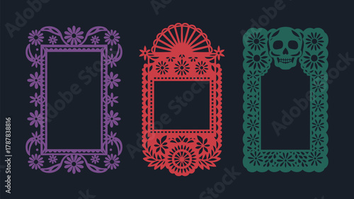 Mexican papel picado frame border set, decorative purple rectangular cutout with flowers and leaves, pink arch design featuring sunburst motif, green rectangle with skull patterns for dia de muertos