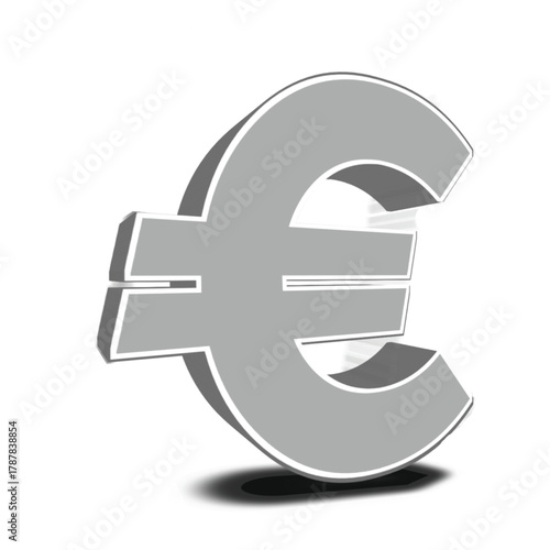 A gray euro symbol with a white outline and a shadow cast on a white background in a graphic rendering