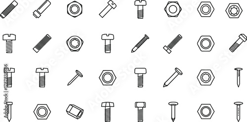 Black and white line art of screws, bolts, nuts, nails, hardware fasteners, construction tools, mechanical components, engineering elements, DIY illustration set