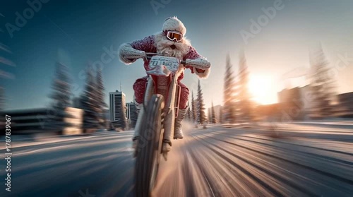 Santa Claus racing through a winter landscape on a motorbike.