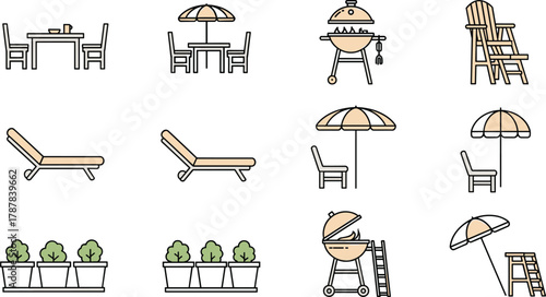 Black and white vector icons of patio furniture, outdoor seating, barbecue grills, umbrellas, potted plants, backyard leisure elements, garden decor set
