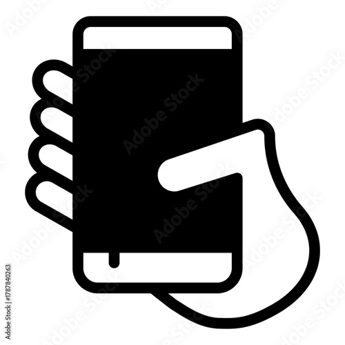 Touchscreen phone held vertically in hand solid icon, using smartphone concept, mobile cellphone sign on white background, glyph style for mobile web design. Vector graphics.