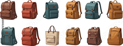 Cartoon backpack and tote collection with varied styles, vector illustration for fashion design, product comparison, and editorial gear showcase