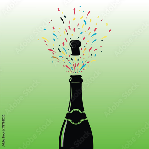 Black champagne bottle cork popping with colorful confetti