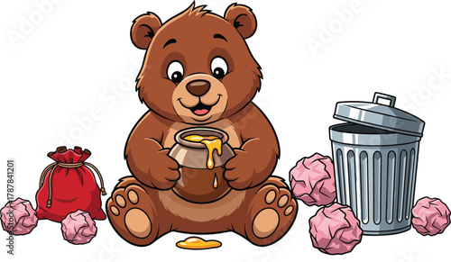 Cartoon bear holding honey pot with scattered items, vector illustration for children’s snack fun, playful animal character, and messy moment concept