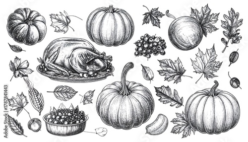 Thanksgiving Feast - A Detailed Sketch of Autumn Harvest.