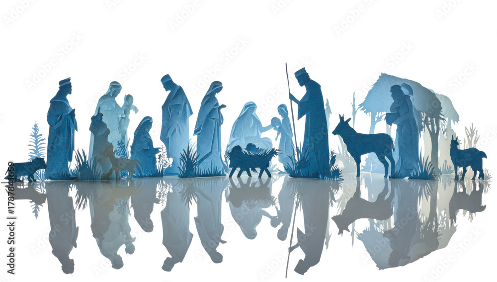 Naklejka premium Nativity Scene in Silhouette: A serene silhouette of the nativity scene, capturing the sacred event of the birth of christ, embodies the true spirit of Christmas, radiating peace and reverence.