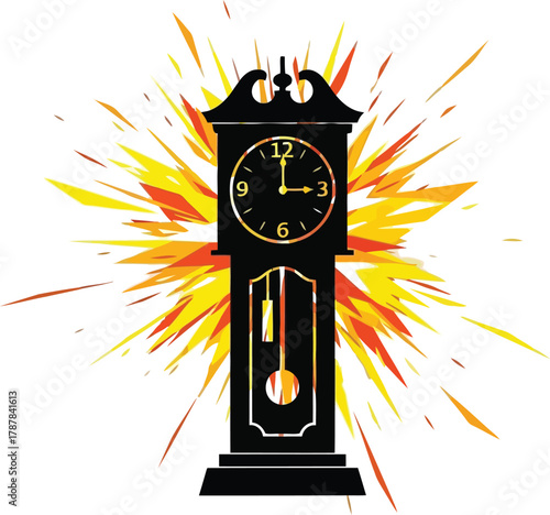 Black grandfather clock with abstract yellow orange explosion 1