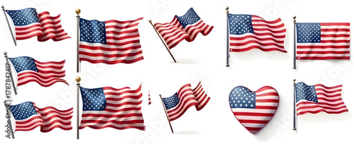 Set of Waving American Flags and USA Flag Heart Illustration. Waving American Flag Vector Set, USA Flag Illustration Collection. united states flag set