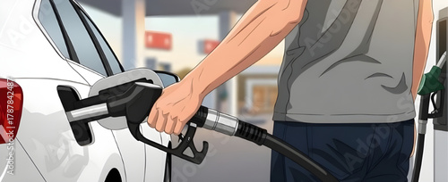 Fueling Car at Gas Station Illustration. Man Refueling Car at Gas Station, Fuel Pump Illustration for Vehicle Refilling. man with gas pump