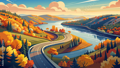 Very beautiful aerial view of a curving road along the Mississippi River during autumn, featuring colorful fall foliage, calm river waters, and a realistic scenic rural landscape.