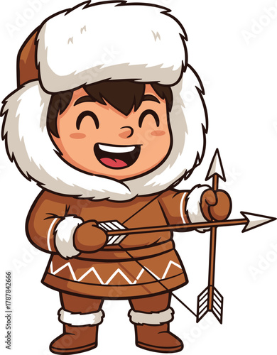 Cartoon child in Arctic clothing holding arrows, vector illustration for polar culture education, traditional tools, and indigenous lifestyle concept