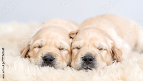 Two golden-colored puppies are sweetly sleeping side-by-side on a fluffy, white, sheepskin-like rug. The background is plain