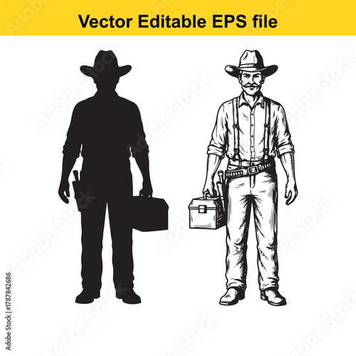 Two cowboys, one in silhouette and one in line art, stand holding a toolbox
