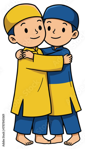 Cartoon children hugging in traditional clothing, vector illustration for cultural celebration, friendship theme, and unity in educational or editorial content