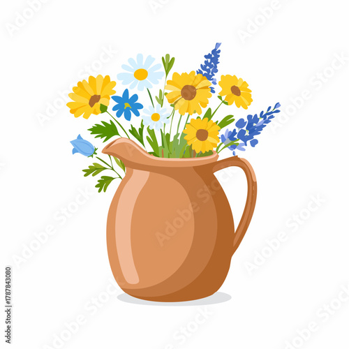 Clay jug filled with wildflowers