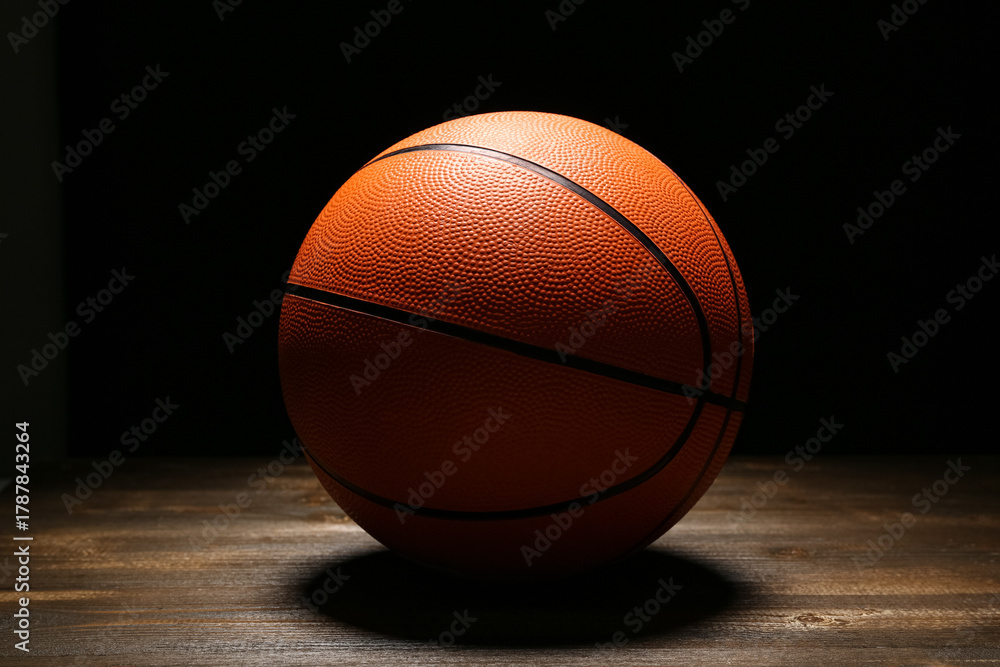 Obraz premium Ball for playing basketball on wooden table against black background