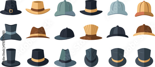 Cartoon collection of 18 unique hats in various styles and colors, vector illustration for fashion, costume, and cultural attire concept