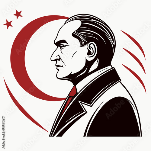 Elegant black-and-white vector portrait silhouette of Mustafa Kemal Atatürk with Turkish crescent and star. Minimal, clean, patriotic illustration in flat style.